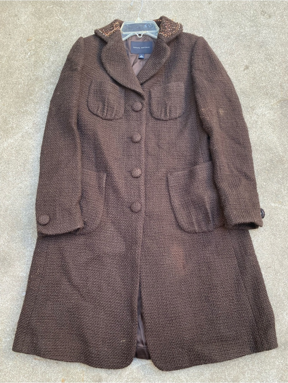 Banana Republic Vintage Brown Tweed Wool Blend Coat Sequin Beaded Collar